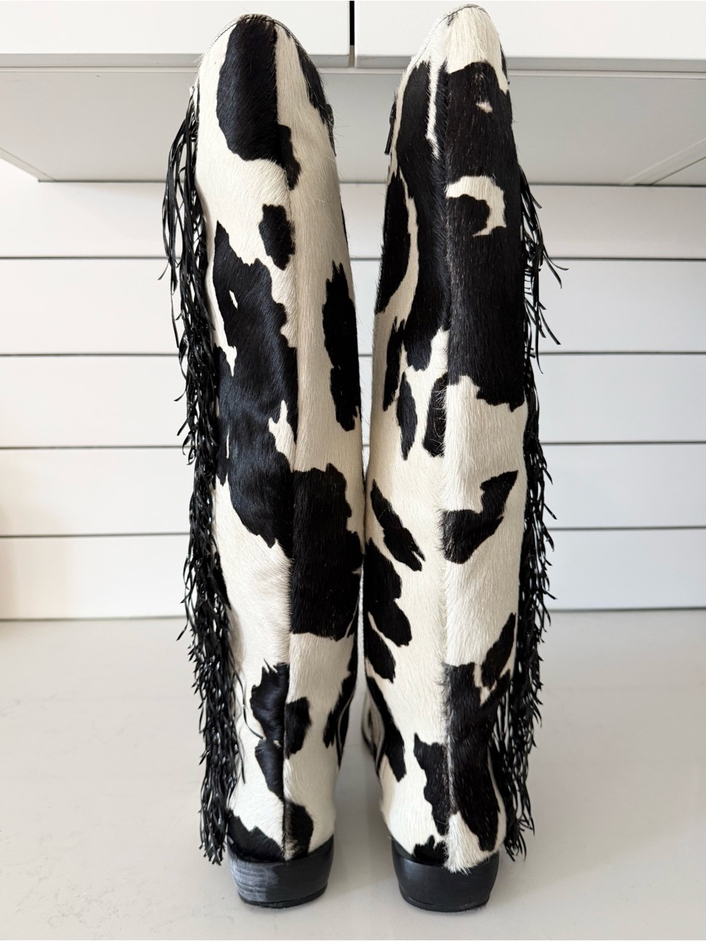 Vintage 90s Studio Delman Cow Print Calf Hair Fringe Tall Boots - US 8.5 *RARE* - Picture 7 of 11